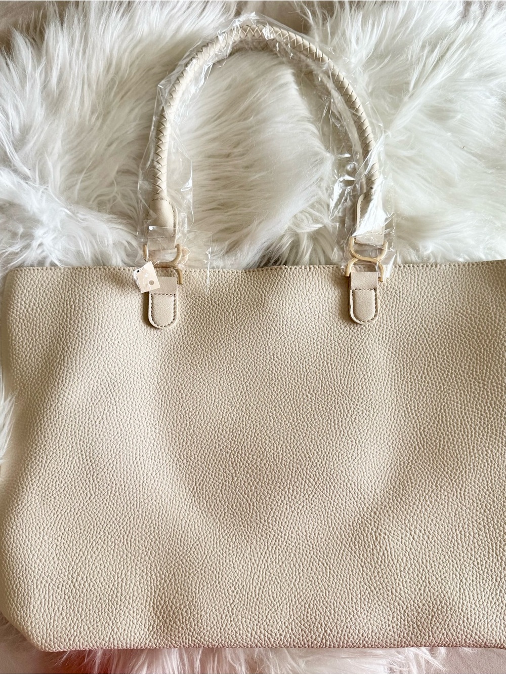 Cream Textured Tote Bag with Braided Handles - Picture 3 of 4